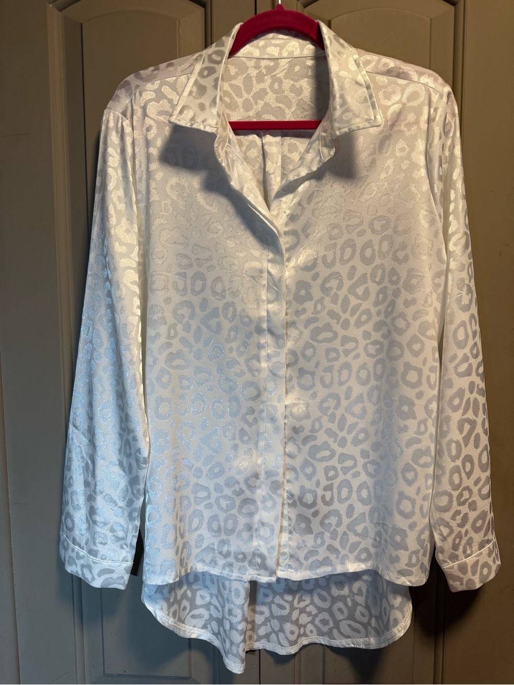 Satin Leopard Jacquard Button-Up Blouse - White